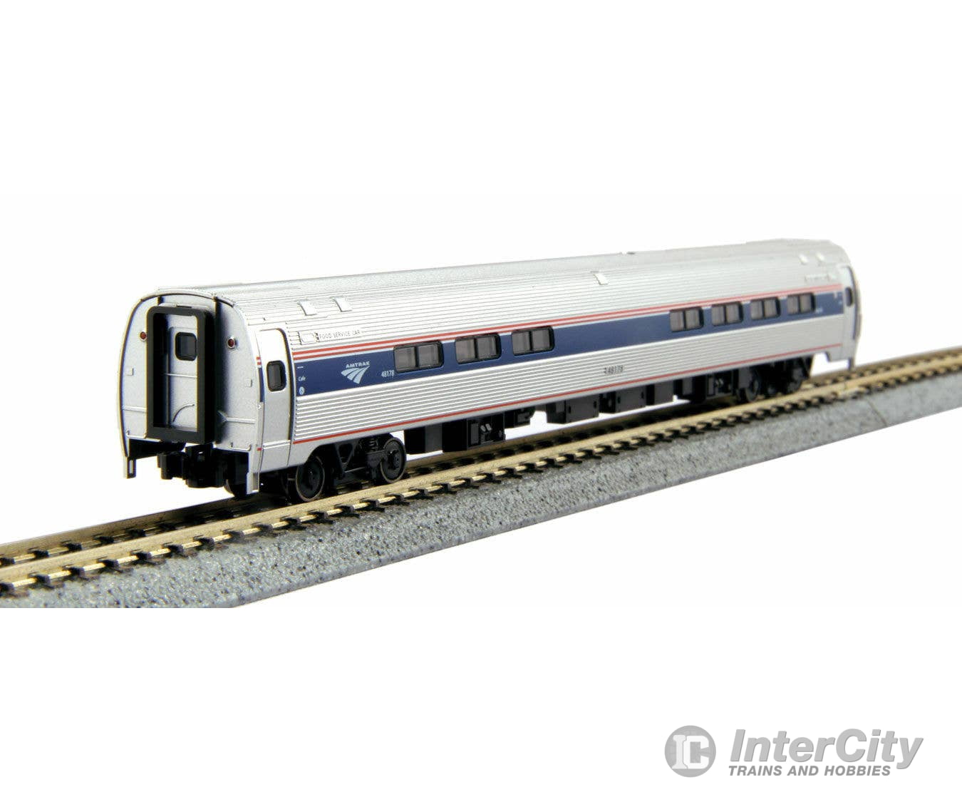 Kato N 1068003 Amfleet I Coach & Cafe Set - Amtrak #82647 48159 (Set B Phase VI; Wide Blue Stripe Travelscape Logo)