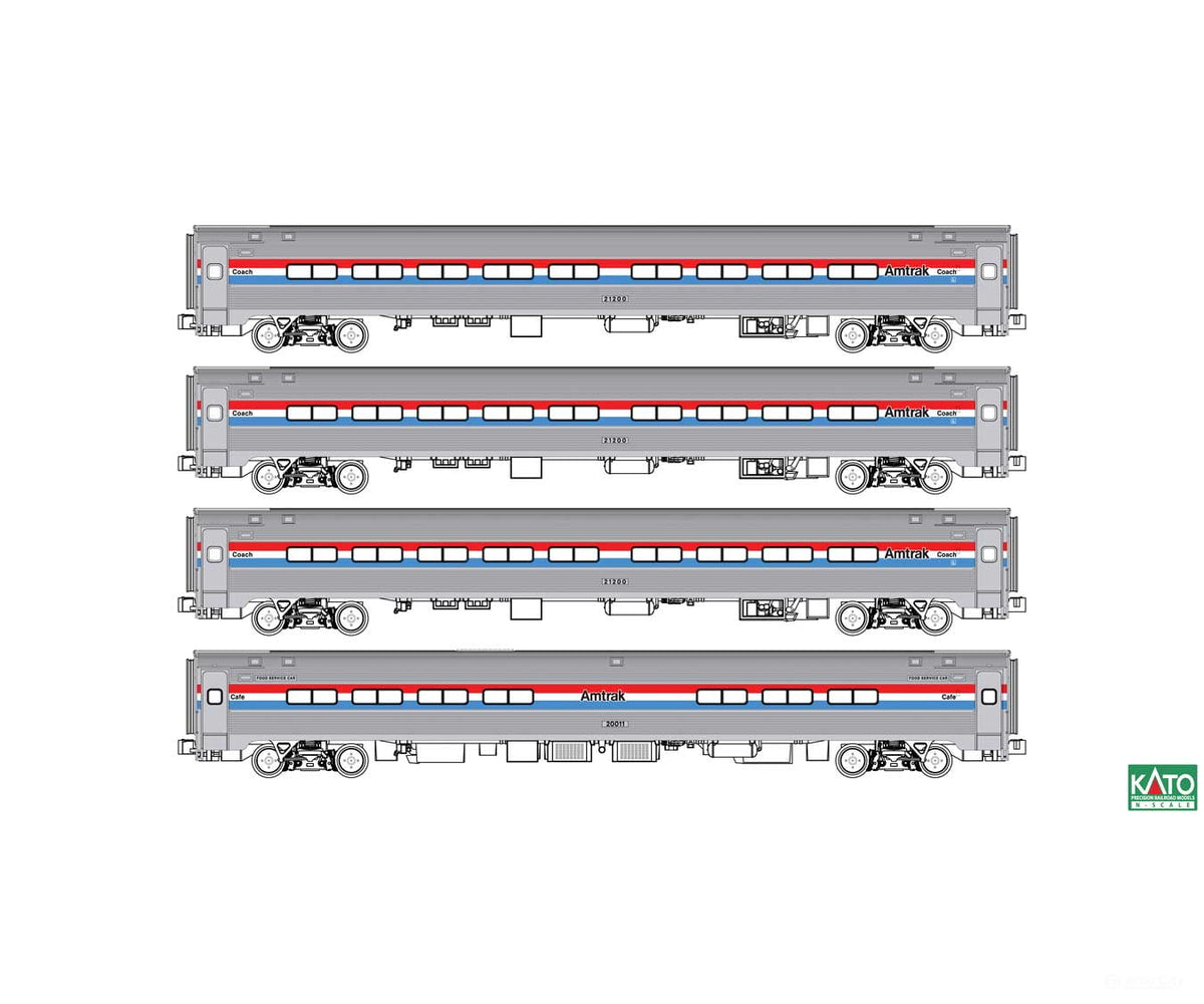 Kato N 1068020 Amfleet I 3 Coach & Cafe Set - Amtrak #21200 21226 21267 20011 (Phase III; Equal Red White Blue Stripes)