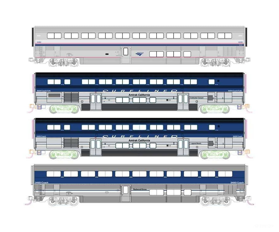 Kato N 10690021 Pacific Surfliner Add-On Set - Interior Lights - Amtrak 2 Surfliner & 2 Superliner Coaches (3 in blue