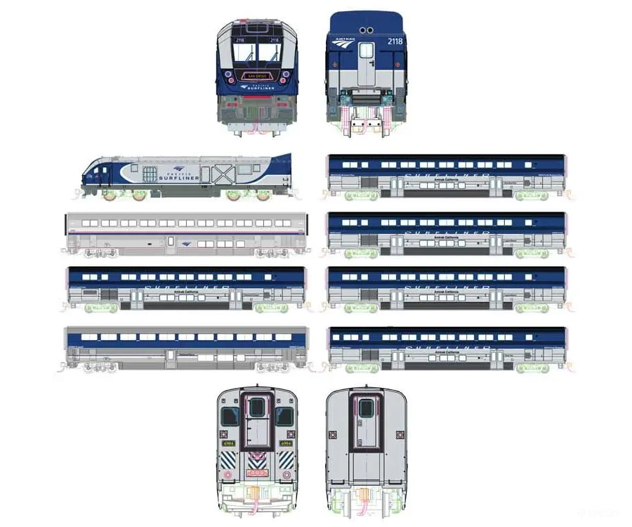 Kato N 1069010S1 Amtrak SC-44 & Amtrak Pacific Surfliner 8 Unit Set w/Pre-Installed DCC + Sound + Lighting - Starter &