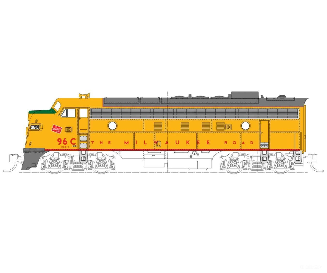 Kato N 1762303 Emd Fp7A - Standard Dc Milwaukee Road #96C (Post 1955 Armour Yellow Gray Red)