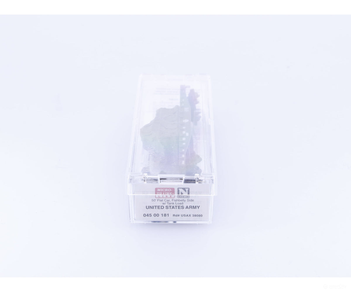 Micro Trains 04500181 N 50’ Fishbelly Side Flatcar w/ Tank Load United States Army (USAX) 38064 - Freight Cars