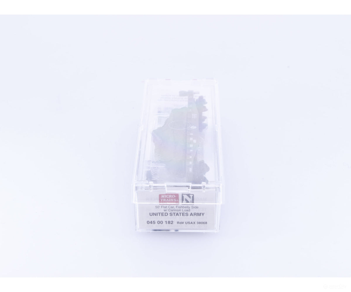 Micro Trains 04500182 N 50’ Fishbelly Side Flat Car w/ Cannon Load United States Army (USAX) 38068 - Freight Cars