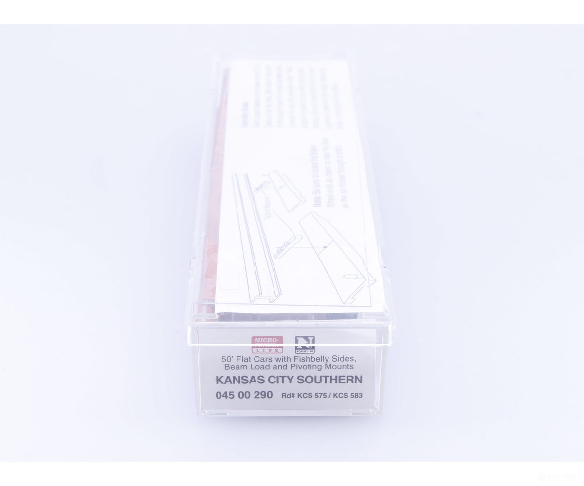 Micro Trains 04500290 N 2 x 50’ Flat Car w/ Beam Load and Pivot Mounts Kansas City Southern (KCS) 575/583 - Freight Cars