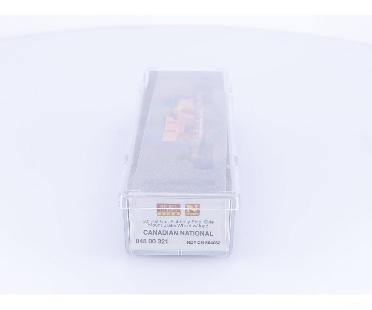 Micro Trains 04500321 N 50’ Flat Car Fishbelly Side with Load Canadian National (CN) 664062 - Freight Cars