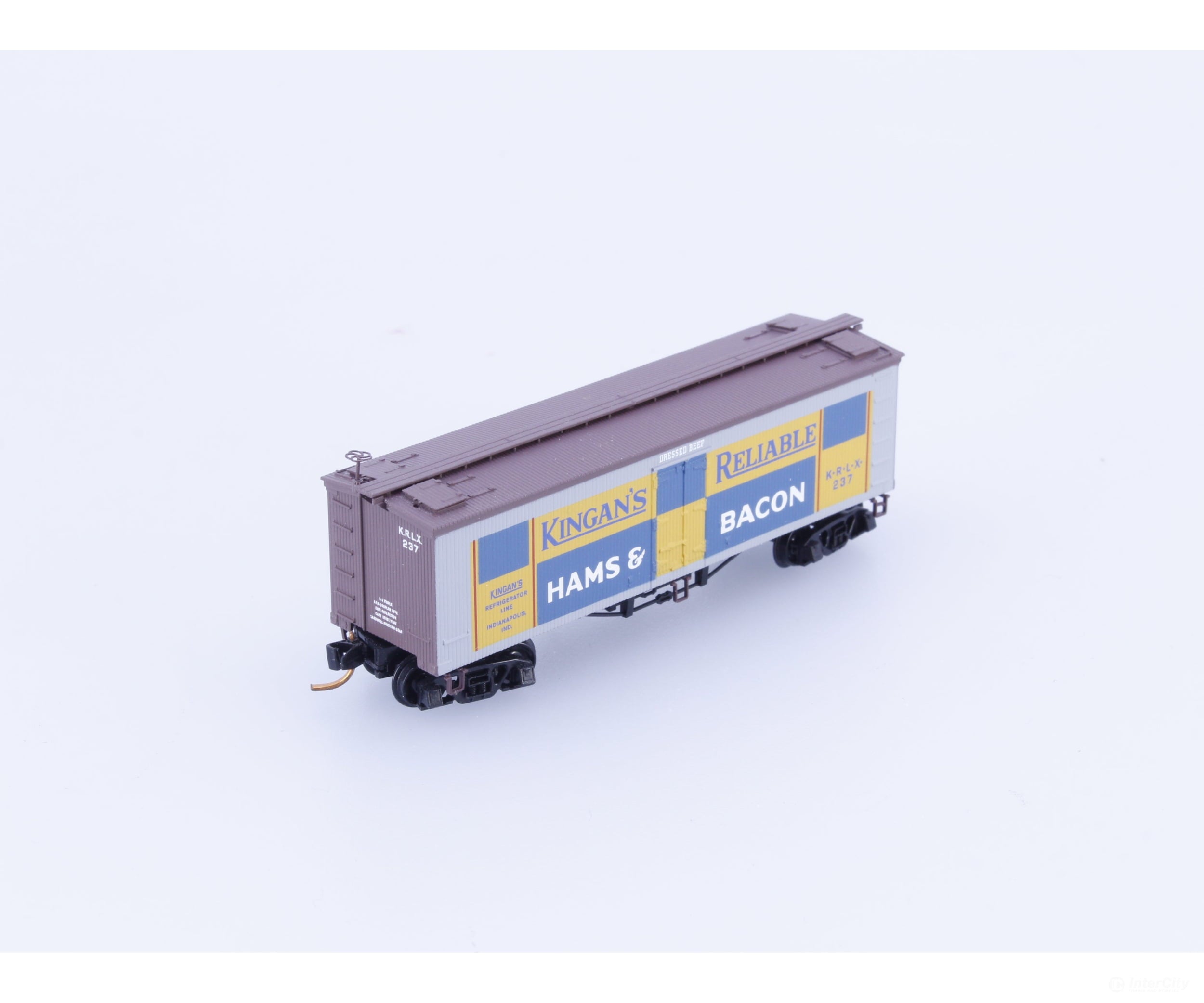 Micro Trains 05800130 N 36’ Wood Sheathed Ice Reefer with Truss Rods Kingan’s Reliable Ham and Bacon (KRLX) 237 Freight