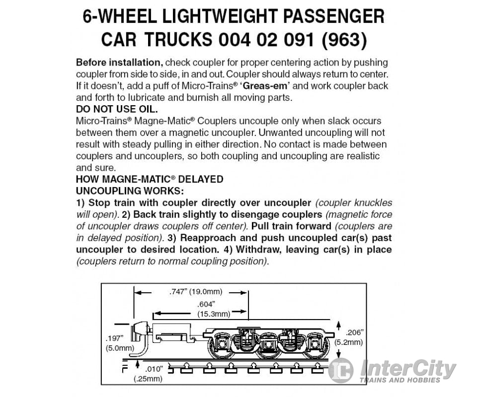 Micro Trains 402091 Passenger Car Trucks - 6-Wheel For Lightweight Cars (Black) 1 Pair Couplers &