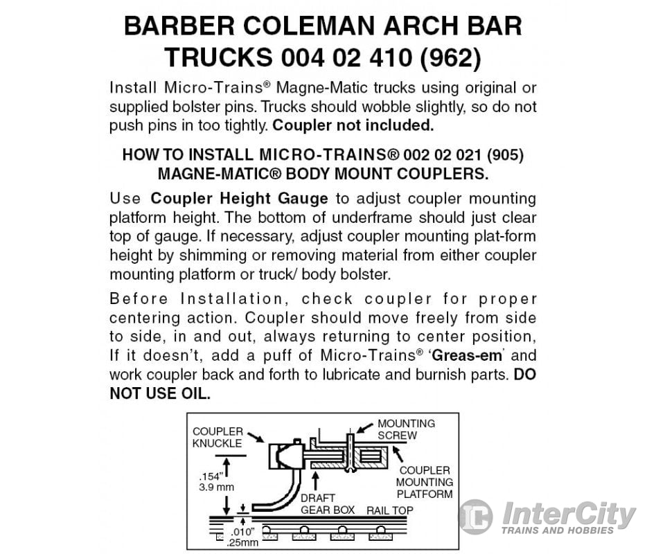 Micro Trains 402410 Barber Coleman Arch Bar Trucks - Less Couplers 1 Pair &