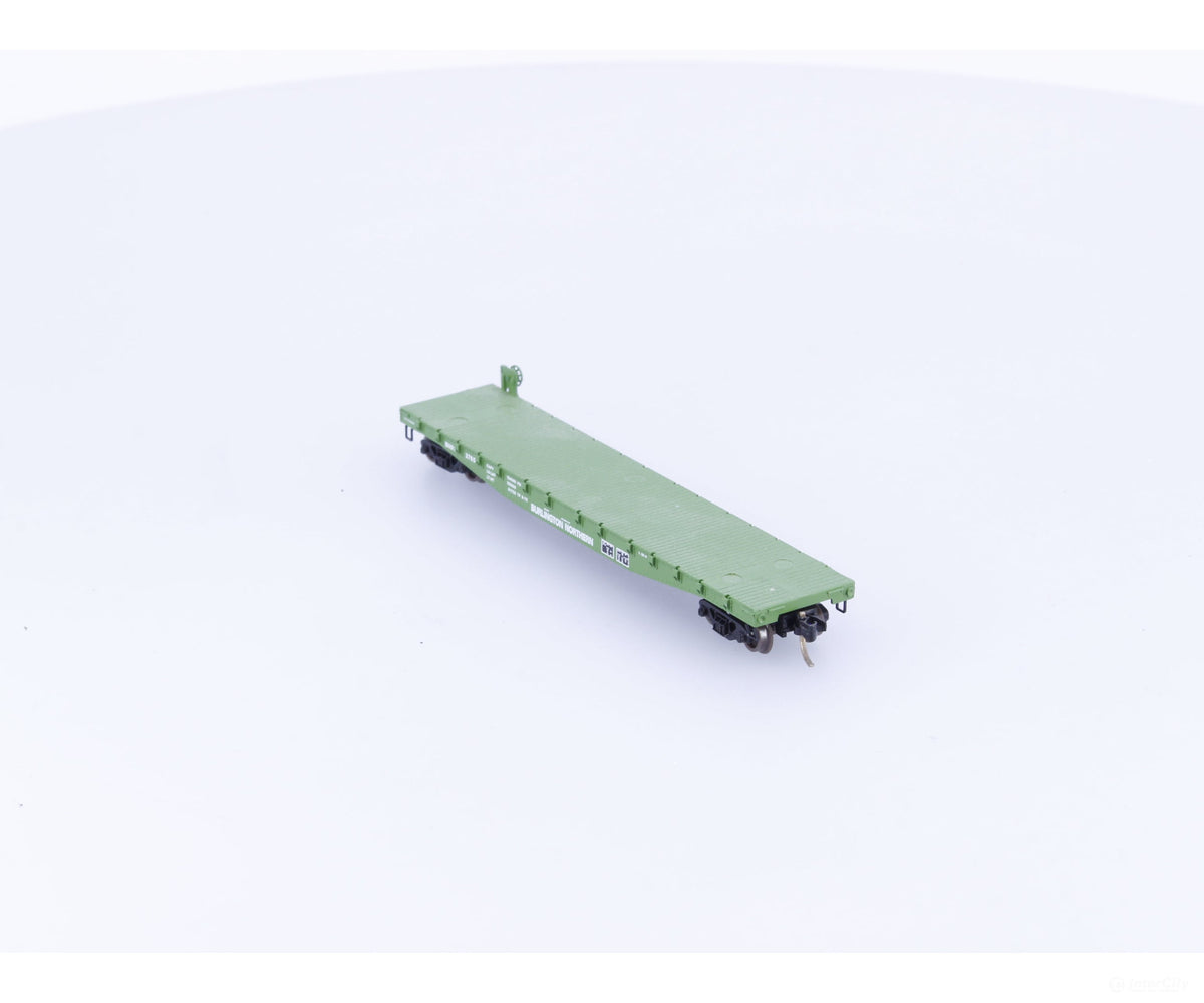 Micro Trains 45200 N 50’ Fishbelly Side Flatcar w side mount Brk Wheel #1 Burlington Northern (BN) 612765 - Freight Cars