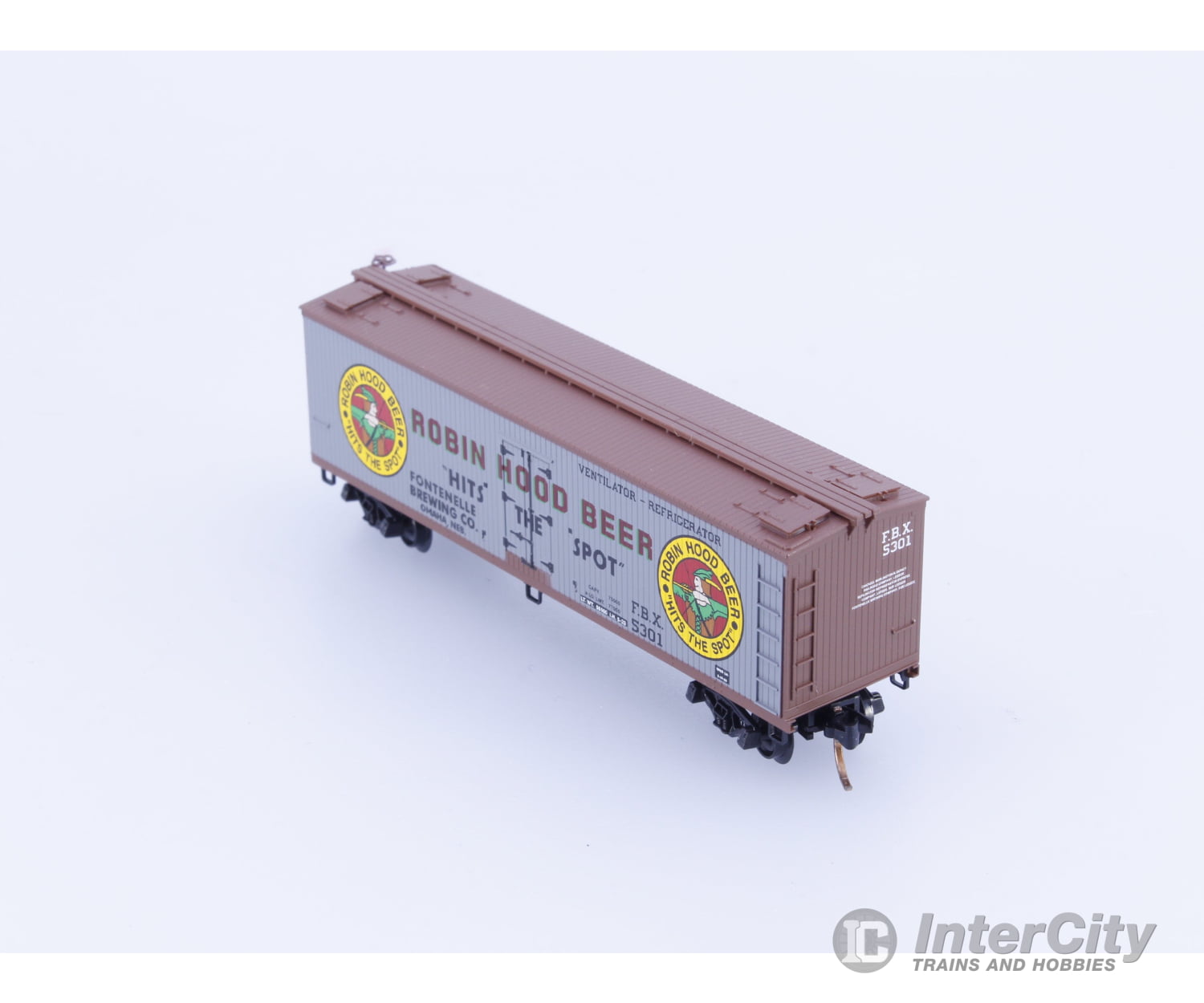 Micro Trains 49450 N 40’ Double Sheathed Wood Reefer Robin Hood Fontenelle Brewing Company (FBX) 5301 Freight Cars