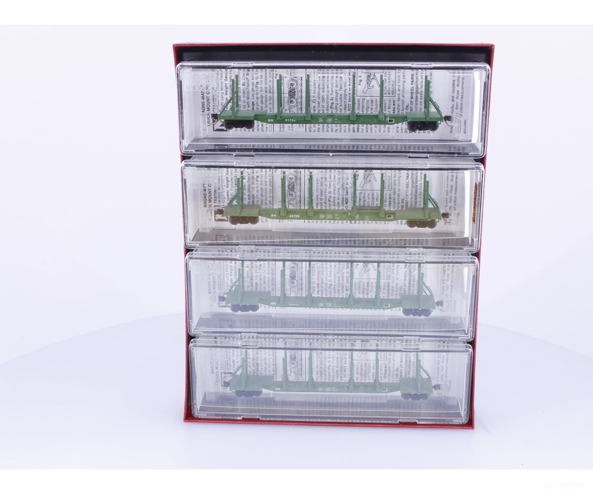 Micro Trains 99300088 N 65’ 100 Ton Green Log Car 4 Pack Set Burlington Northern (BN) 61752 45789 62416 78616 - Freight