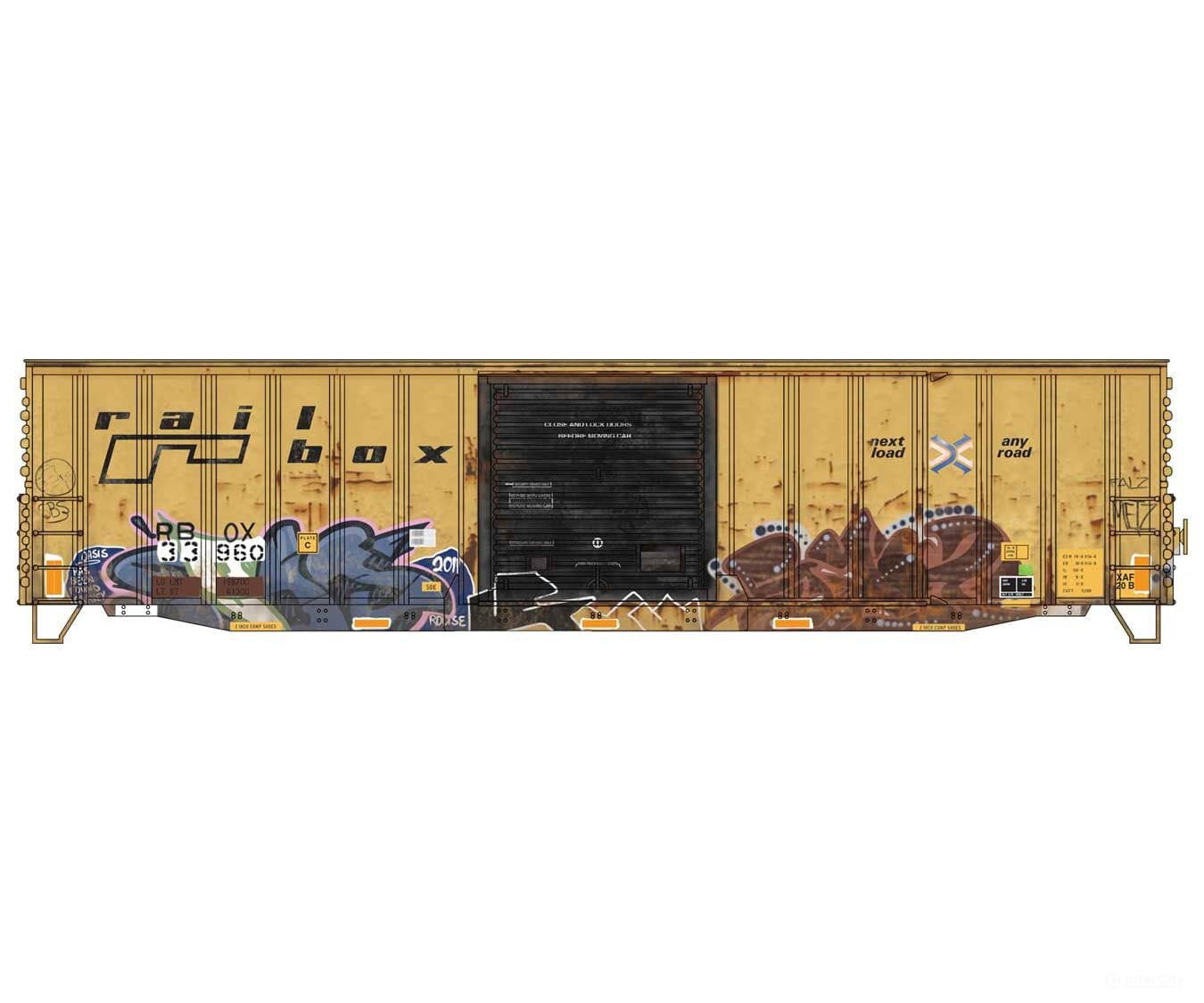 Micro Trains HO 5600003 50’ Exterior-Post Modern Boxcar - Kit - Railbox #33960 (Weathered yellow black graffiti)