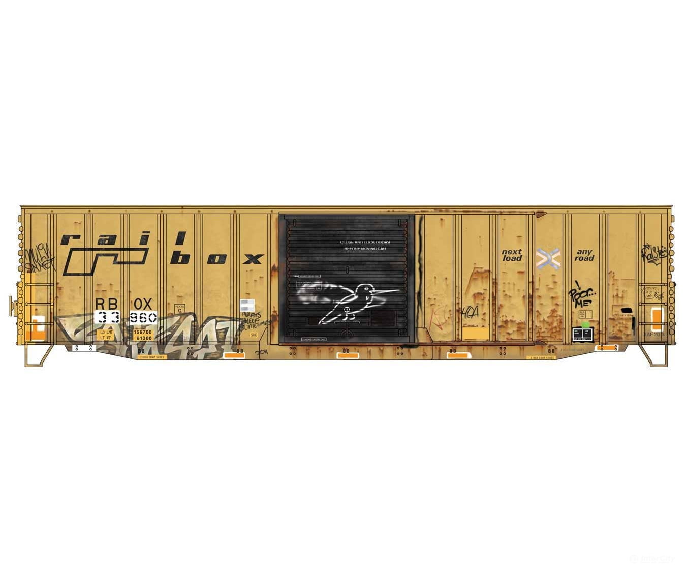 Micro Trains HO 5600003 50’ Exterior-Post Modern Boxcar - Kit - Railbox #33960 (Weathered yellow black graffiti)