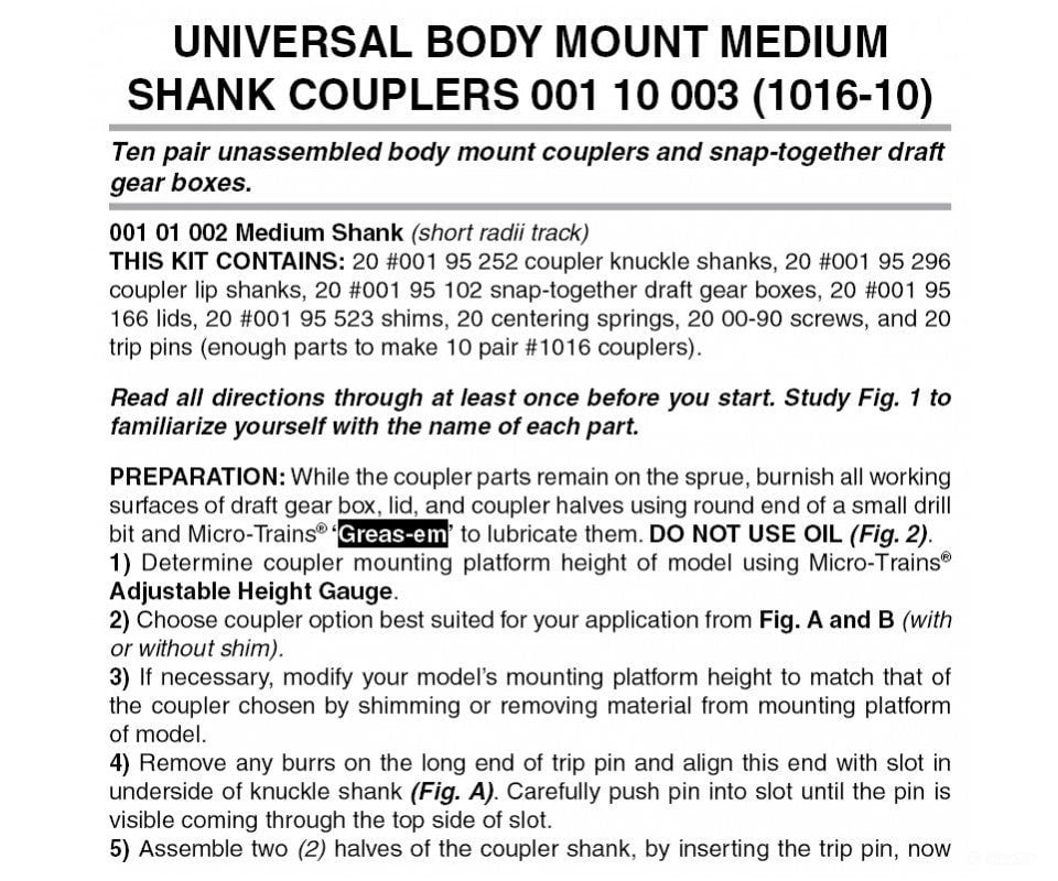 Micro Trains N 110003 #1016 Medium-Shank Body-Mount Coupler Bulk Pack - Kit -- Black 10 Pairs