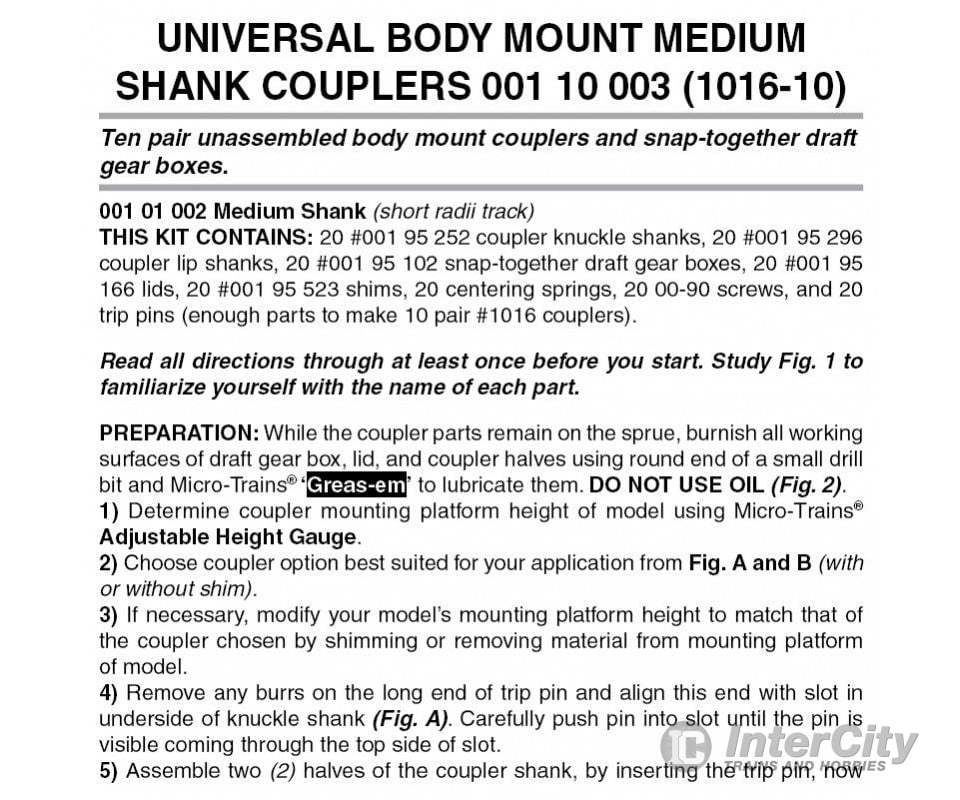 Micro Trains N 110003 #1016 Medium-Shank Body-Mount Coupler Bulk Pack - Kit -- Black 10 Pairs