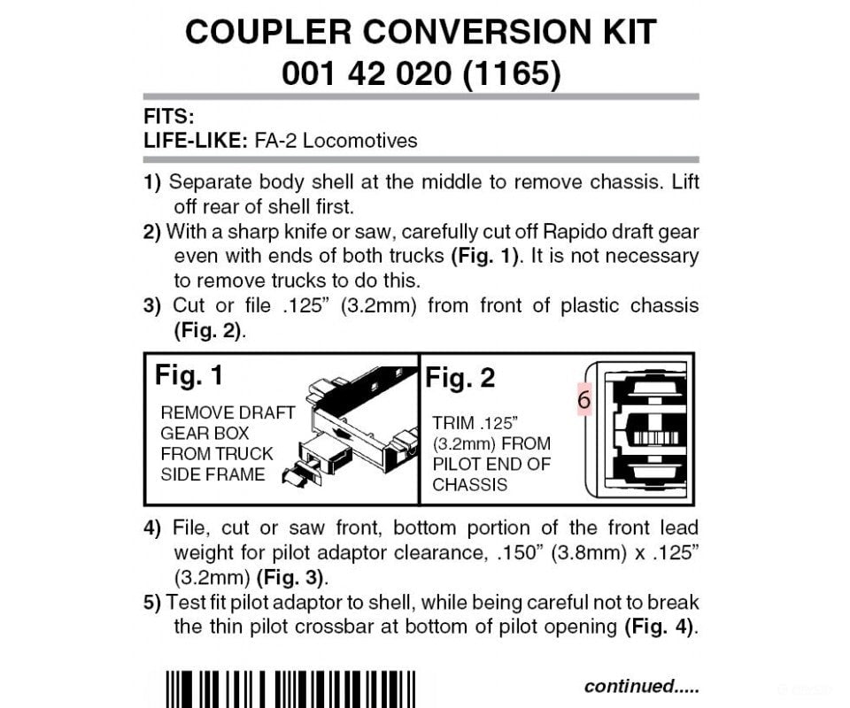 Micro Trains N 142020 Locomotive Coupler Conversion Kits W/Pilot Face -- Life Like Fa2 (Front & Rear