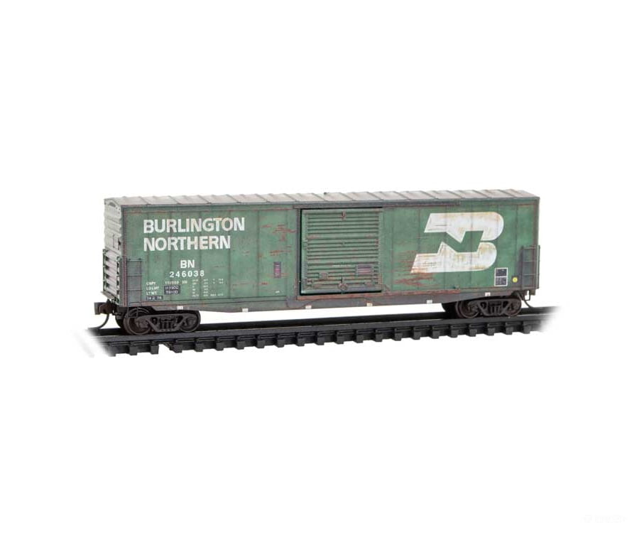Micro Trains N 180144480 50’ Boxcar with 10’ Door No Roofwalk Short Ladders - Burlington Northern #246038 (Weathered