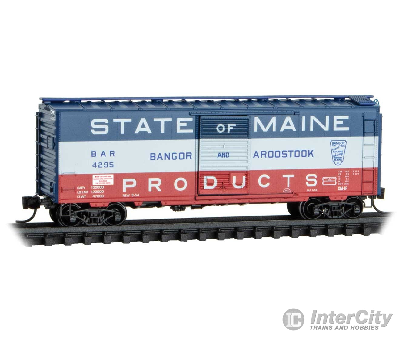Micro Trains N 2000497 40’ Single-Door Boxcar - Bangor & Aroostook #4295 (State of Maine blue white red) Freight Cars