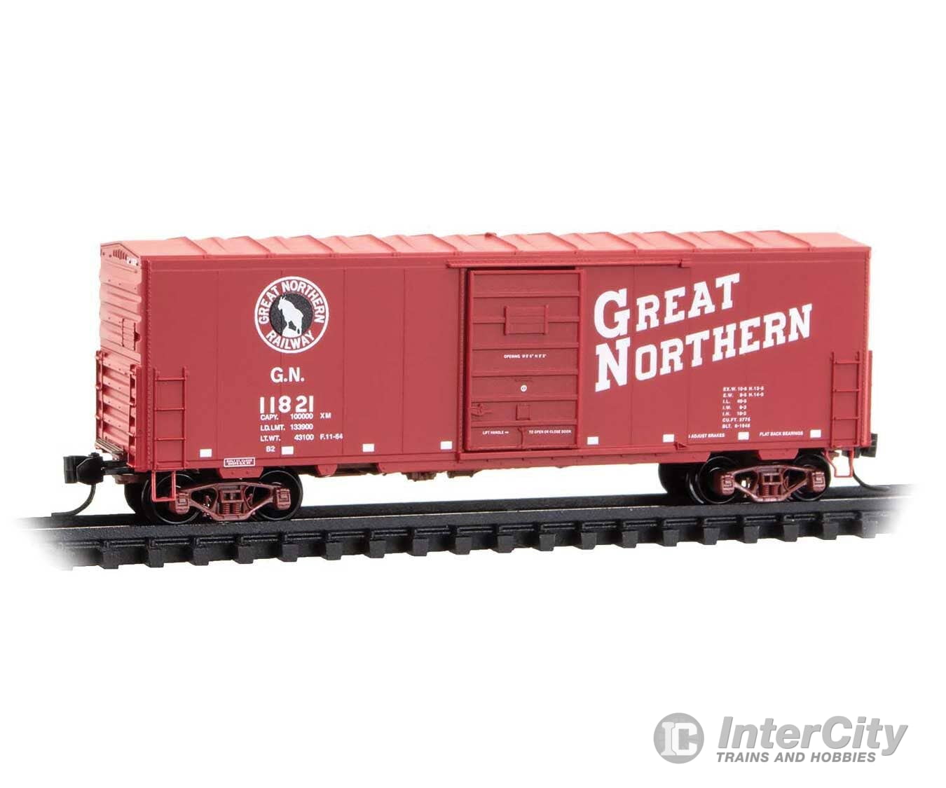 Micro Trains N 2400590 40’ Single-Door Boxcar No Roofwalk - Great Northern #11821 (red white black Rocky Logo) Freight