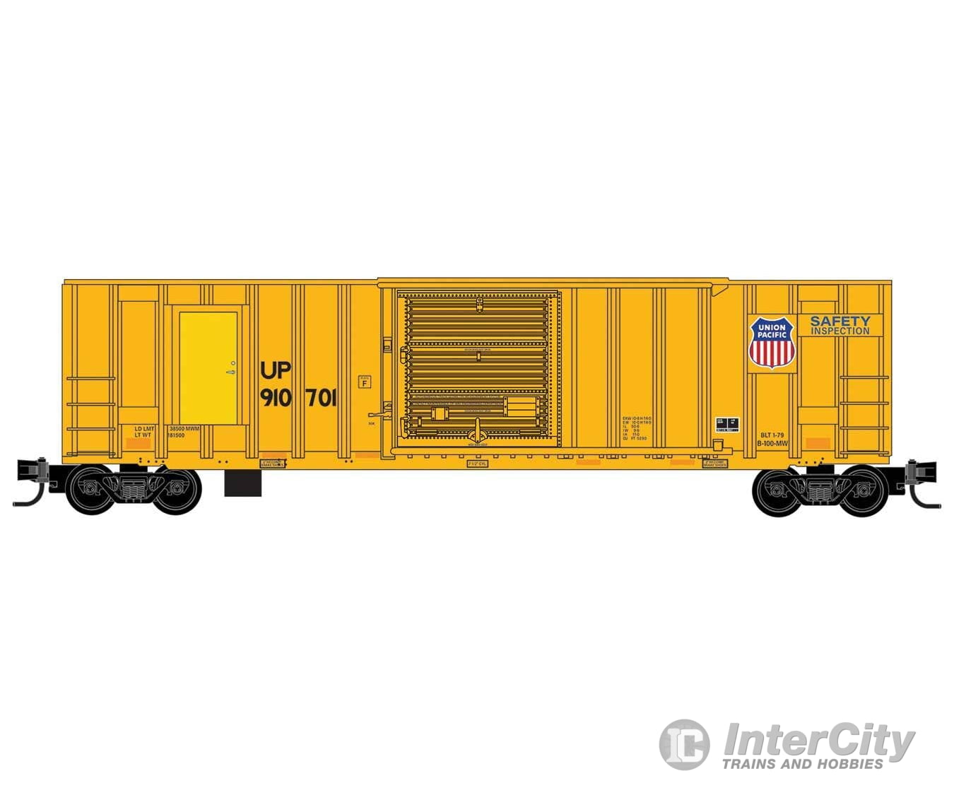 Micro Trains N 2500336 50’ Rib-Side Track Inspection Car No Roofwalk - Union Pacific #910701 (Armour Yellow