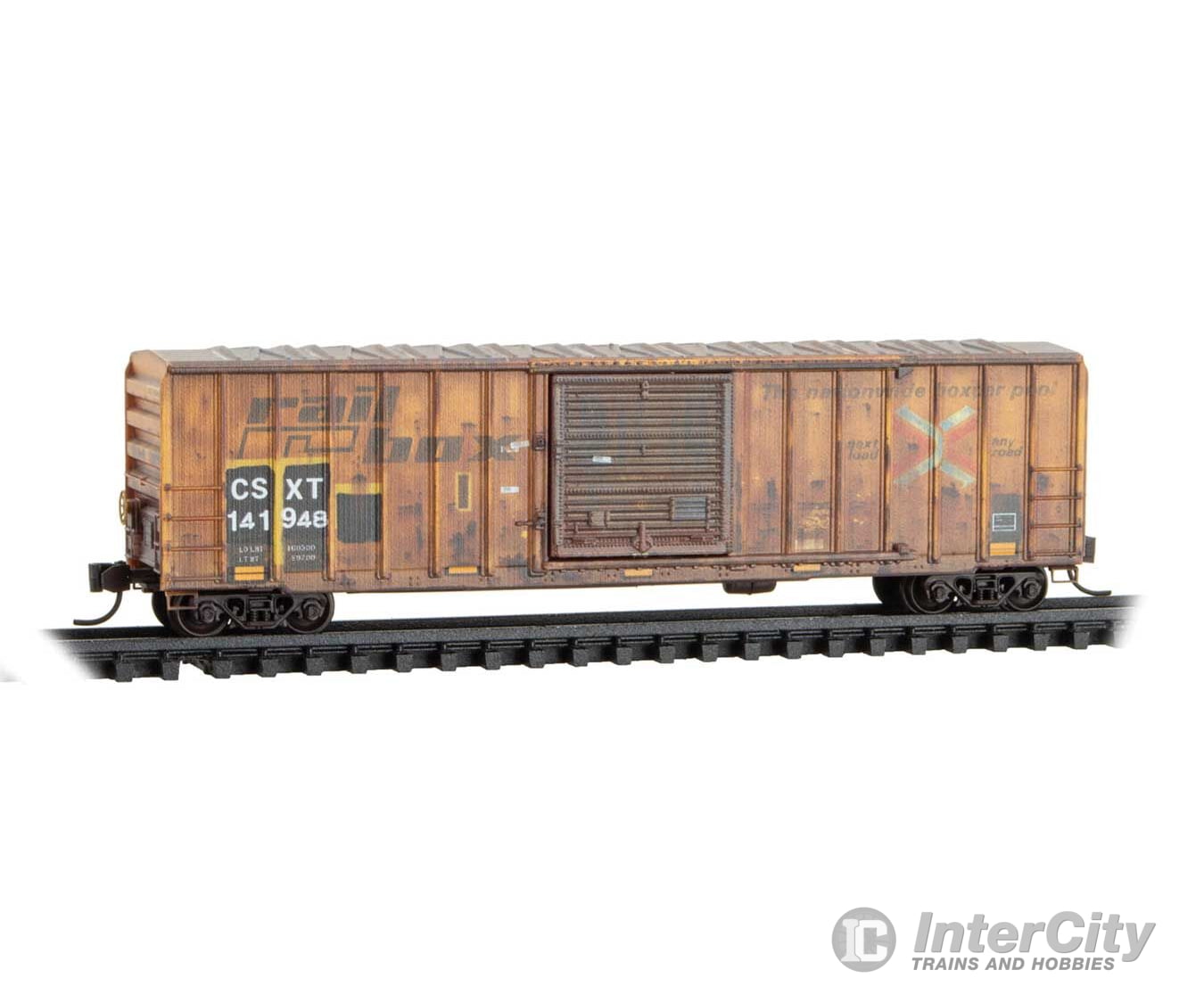 Micro Trains N 2544439 50’ Rib-Side Single-Door Boxcar No Roofwalk - CSX #141948 (Ex-Railbox weathered yellow graffiti