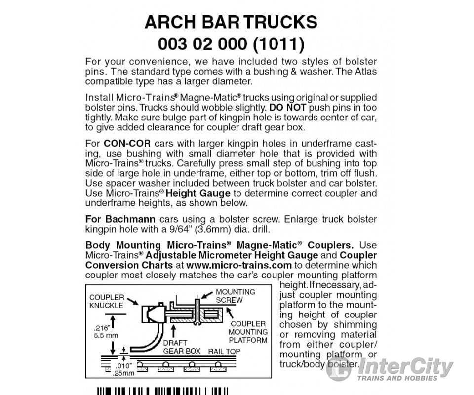 Micro Trains N 302000 Archbar Trucks -- Less Couplers 1 Pair &