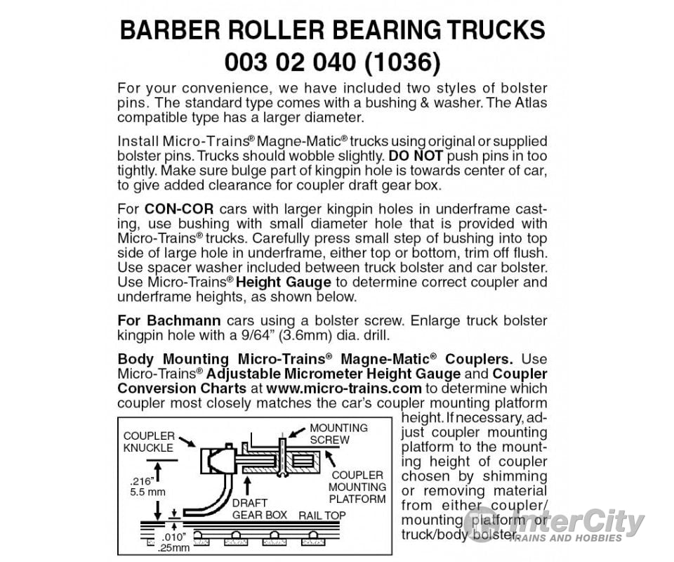 Micro Trains N 302040 Barber Roller-Bearing Trucks -- Less Couplers 1 Pair &