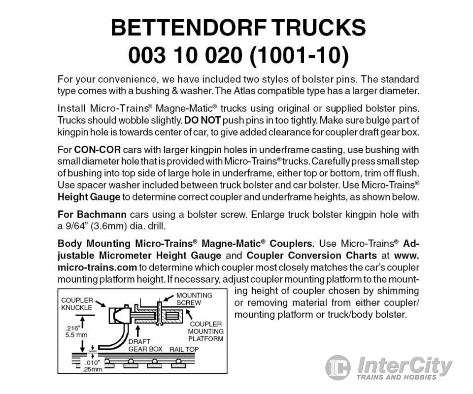 Micro Trains N 310020 Bettendorf Trucks -- Less Couplers (Black) 10 Pairs &