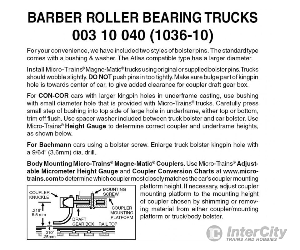 Micro Trains N 310040 Barber Roller-Bearing Trucks -- Less Couplers (Black) 10 Pairs &