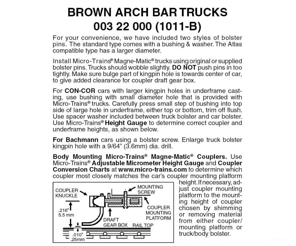 Micro Trains N 322000 Arch Bar Trucks -- Less Couplers (Brown) 1 Pair &