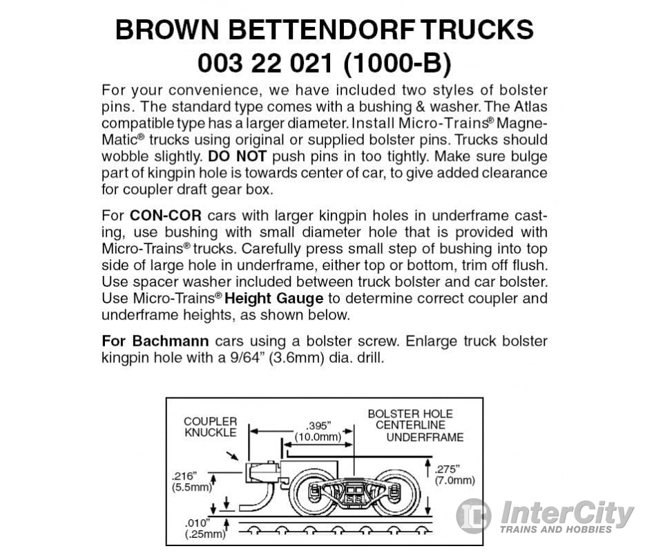 Micro Trains N 322021 Micro-Trains 1000B Brown Bettendorf Trucks W/Short Extension Couplers &