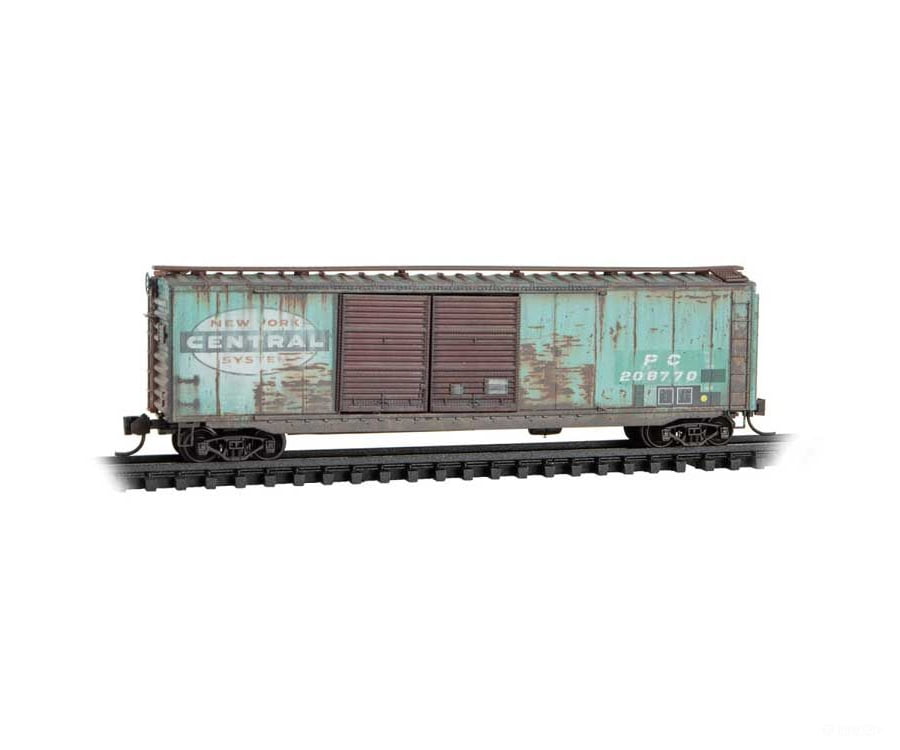 Micro Trains N 3444510 50’ Double-Door Boxcar - Penn Central #208770 (Weathered Patched Ex-NYC Jade Green Series #4)