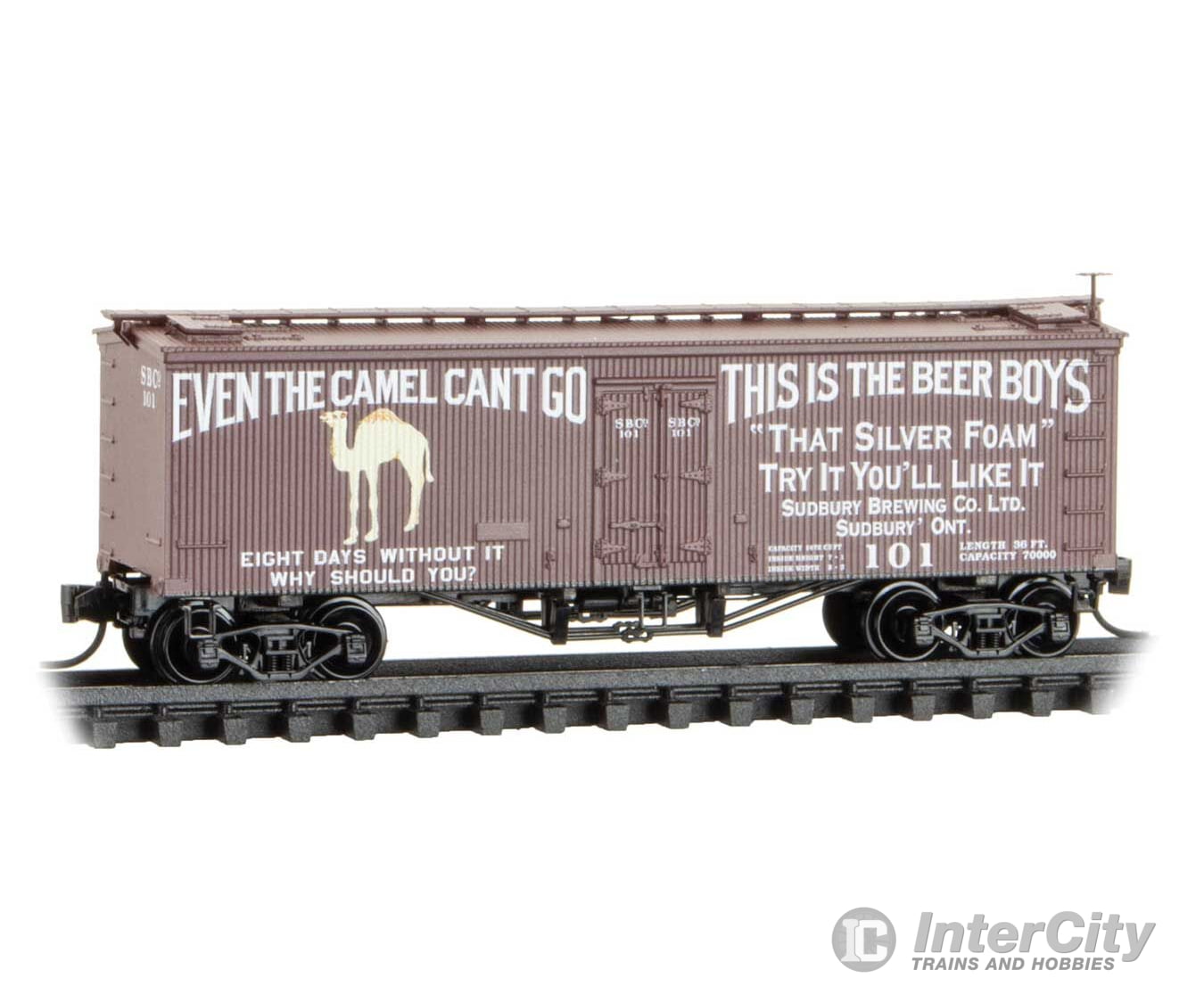 Micro Trains N 5800181 36’ Wood-Sheathed Ice Reefer - Sudbury Brewing & Malting Company #101 (Boxcar Red white) Freight