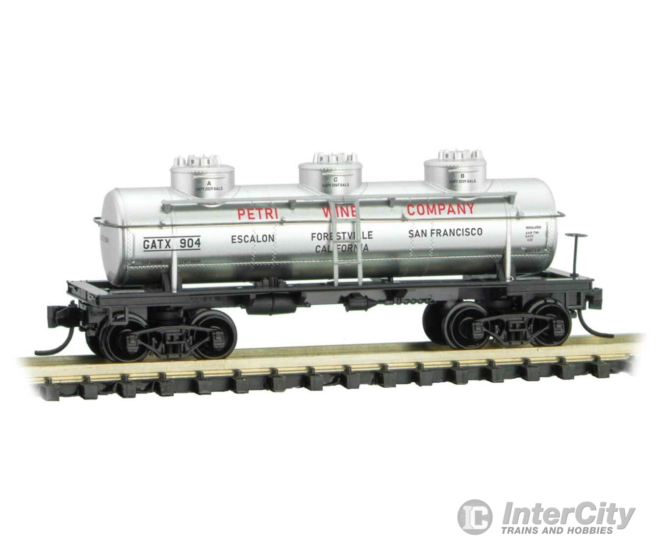 Micro Trains N 6600130 3-Dome Tank Car - Ready To Run -- Petri Wine Co. Gatx 904 (Silver Black Red