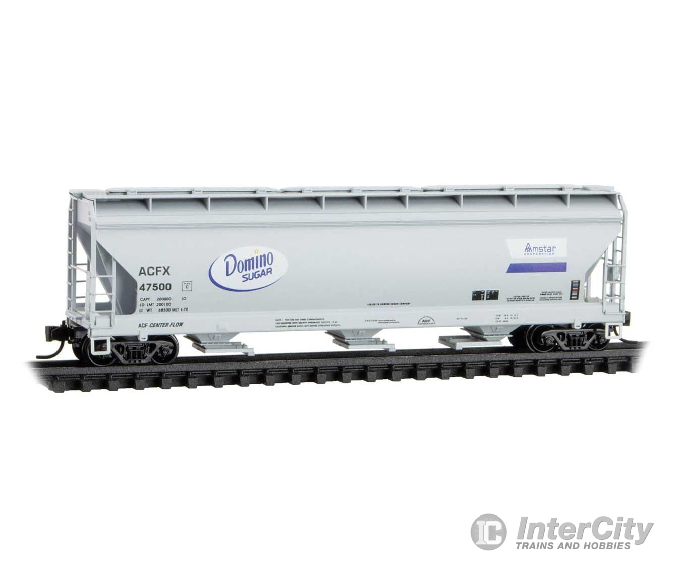 Micro Trains N 9400940 ACF 3-Bay Center Flow Covered Hopper with Elongated Hatches - Domino Sugar ACFX #47500 (gray