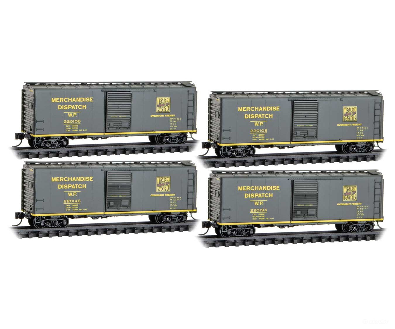 Micro Trains N 98300233 40’ Single-Door Boxcar 4-Pack - Ready to Run - Western Pacific #220106 220108 220146 220194