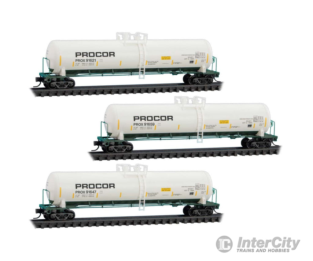 Micro Trains N 98300234 56’ General-Service Tank Car 3-Pack - Procor PROX #91621 91647 91659 (white green yellow)