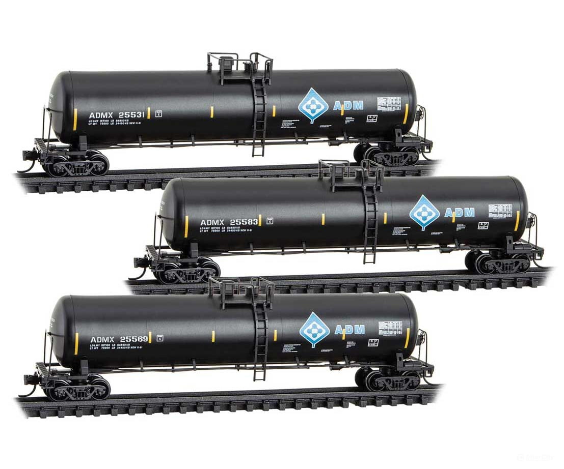Micro Trains N 98300241 56’ General-Service Tank Car 3-Pack - Archer-Daniels-Midland ADMX #25583 25569 25531 (black