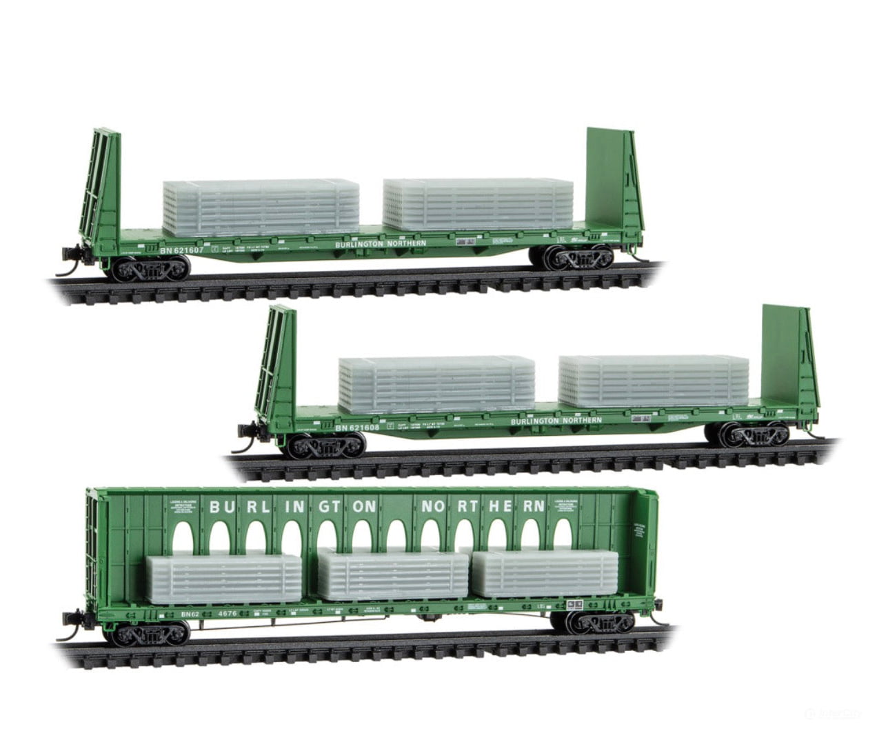 Micro Trains N 98302261 60’ Centerbeam & 2 61’8’’ Bulkhead Flatcars w/Ingot Load - Burlington Northern #624676 621607