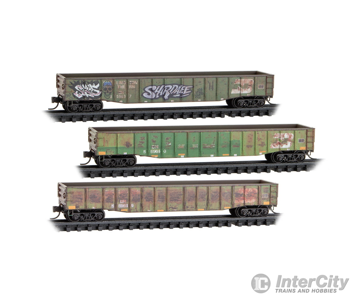 Micro Trains N 98305090 50’ 15-Panel Fixed-End Gondola 3-Pack - Burlington Northern #559637 559640 559649 (Weathered
