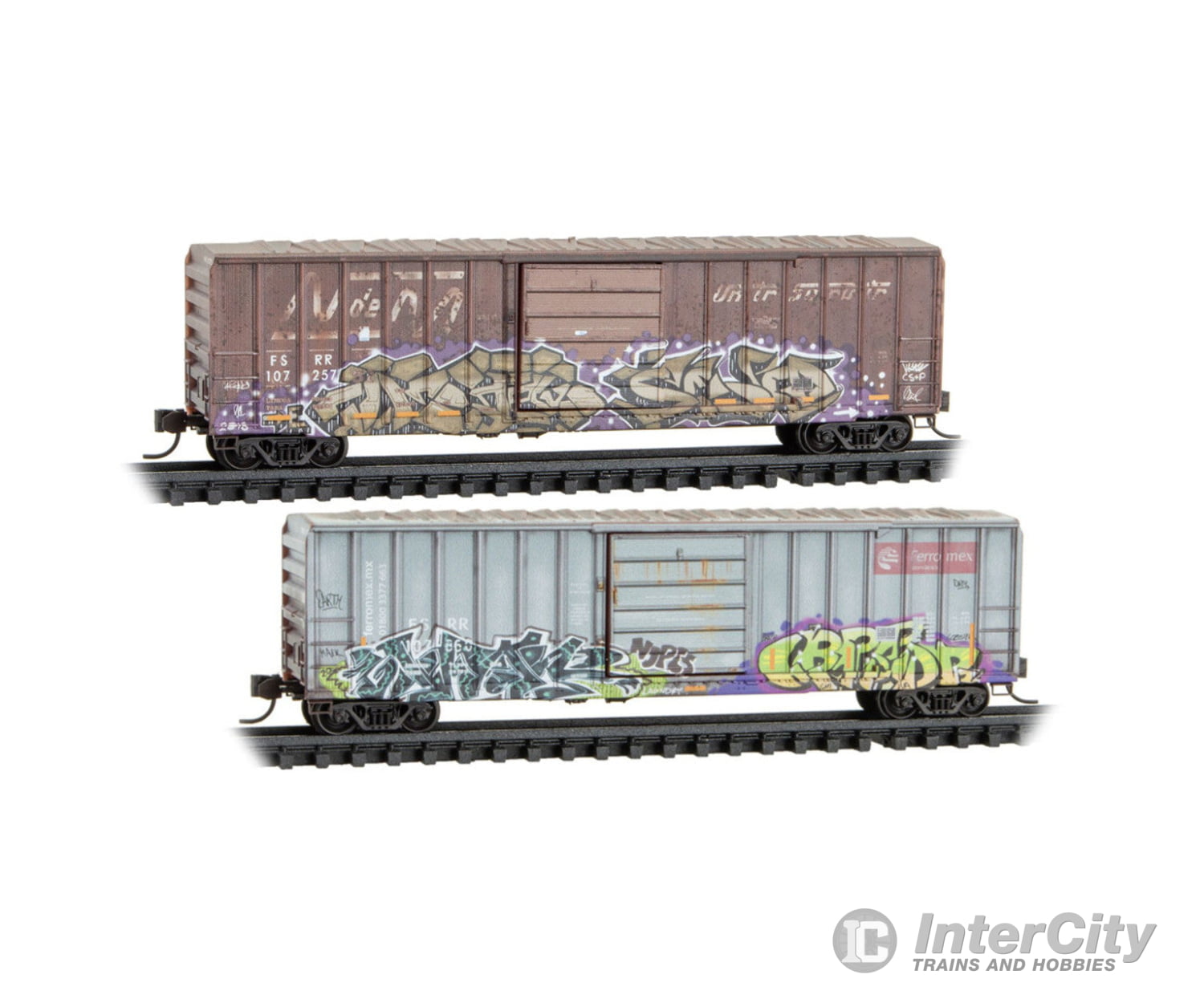 Micro Trains N 98305091 50’ Rib-Side Single-Door Boxcar No Roofwalk 2-Pack - Ferrocarril del Sureste FSRR #107257