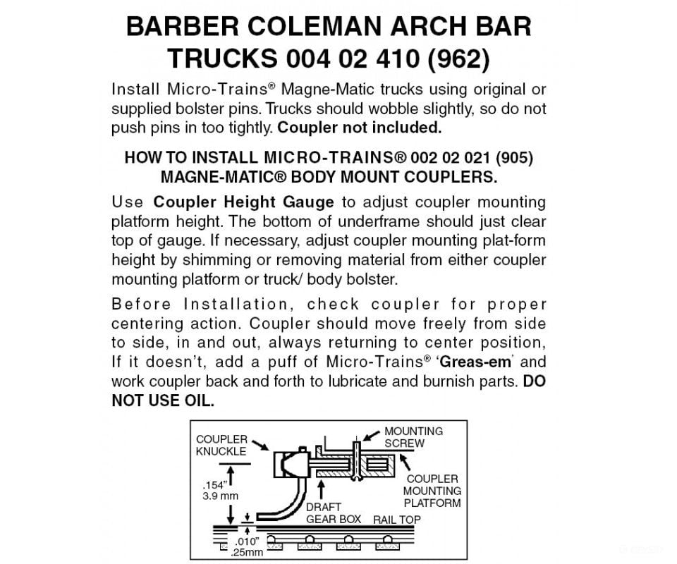 Micro Trains 402410 Barber Coleman Arch Bar Trucks - Less Couplers 1 Pair &