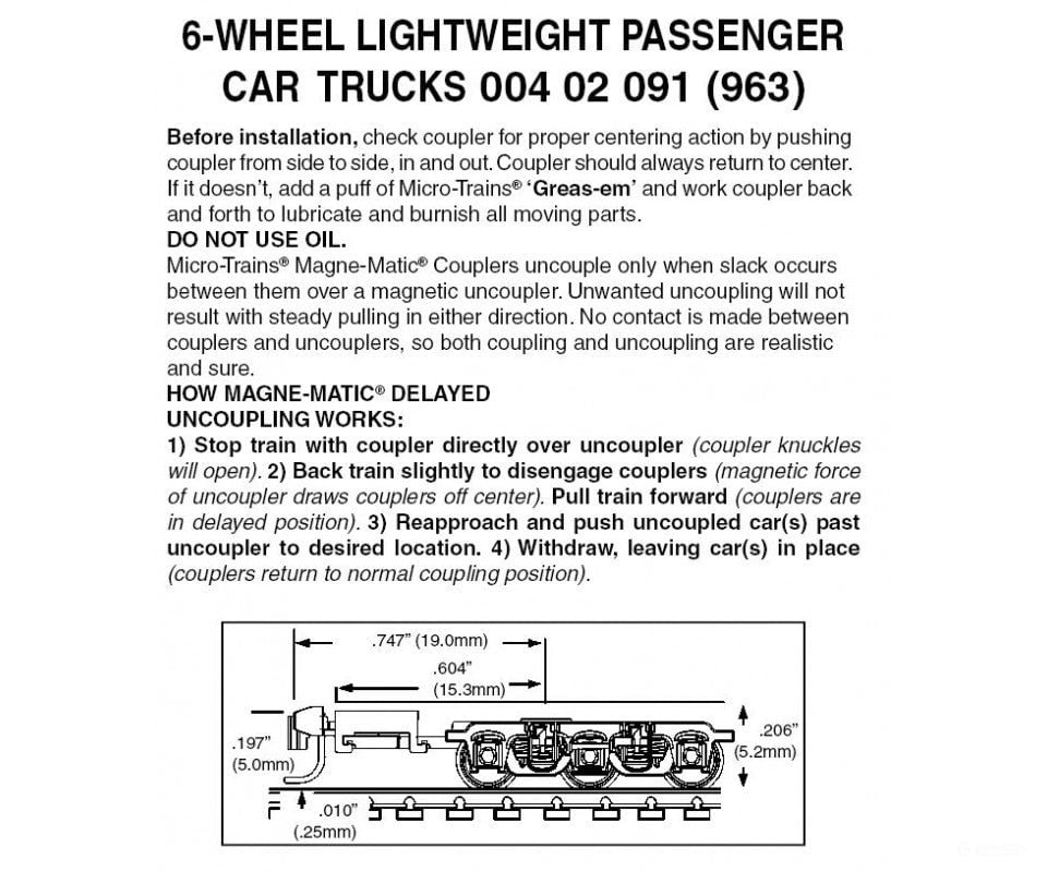Micro Trains 402091 Passenger Car Trucks - 6-Wheel For Lightweight Cars (Black) 1 Pair Couplers &