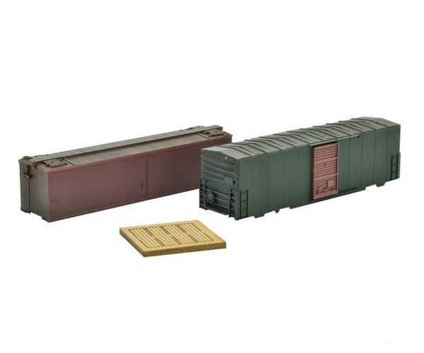 Micro Trains 79943958 Weathered 40’ Boxcar Flatcar Load 2-Pack With Blocking - Kit Freight Loads