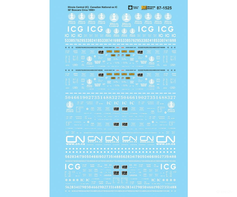 Microscale Ho 871525 Railroad Decal Set -- Canadian National Ex-Illinois Central Ic 50’ Boxcars