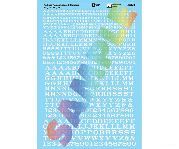 Microscale Ho 90321 Alphabet Decal Set -- Railroad Roman Letters & Numbers 10 14 18 20’ (White)