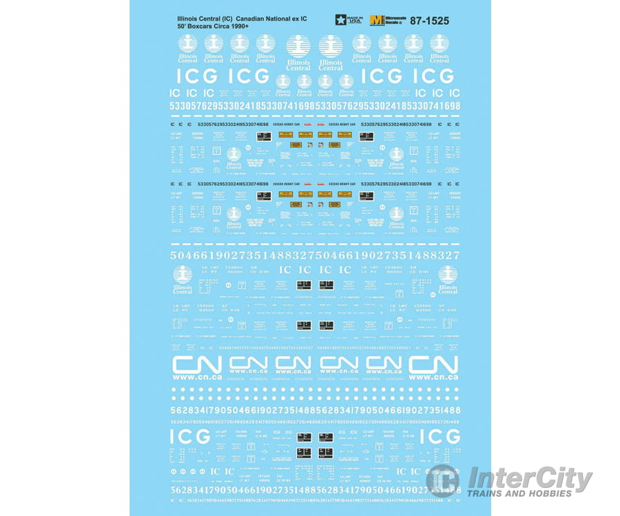 Microscale N 601525 Railroad Decal Set -- Canadian National Ex-Illinois Central Ic 50’ Boxcars