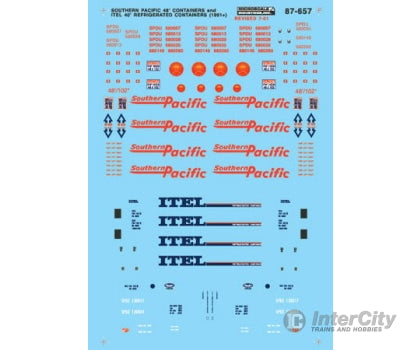 Microscale N 60657 Railroad Decal Set - Itel/Sp 48’ Reefer (Itel) 1990/48’ Container (Sp) 1990