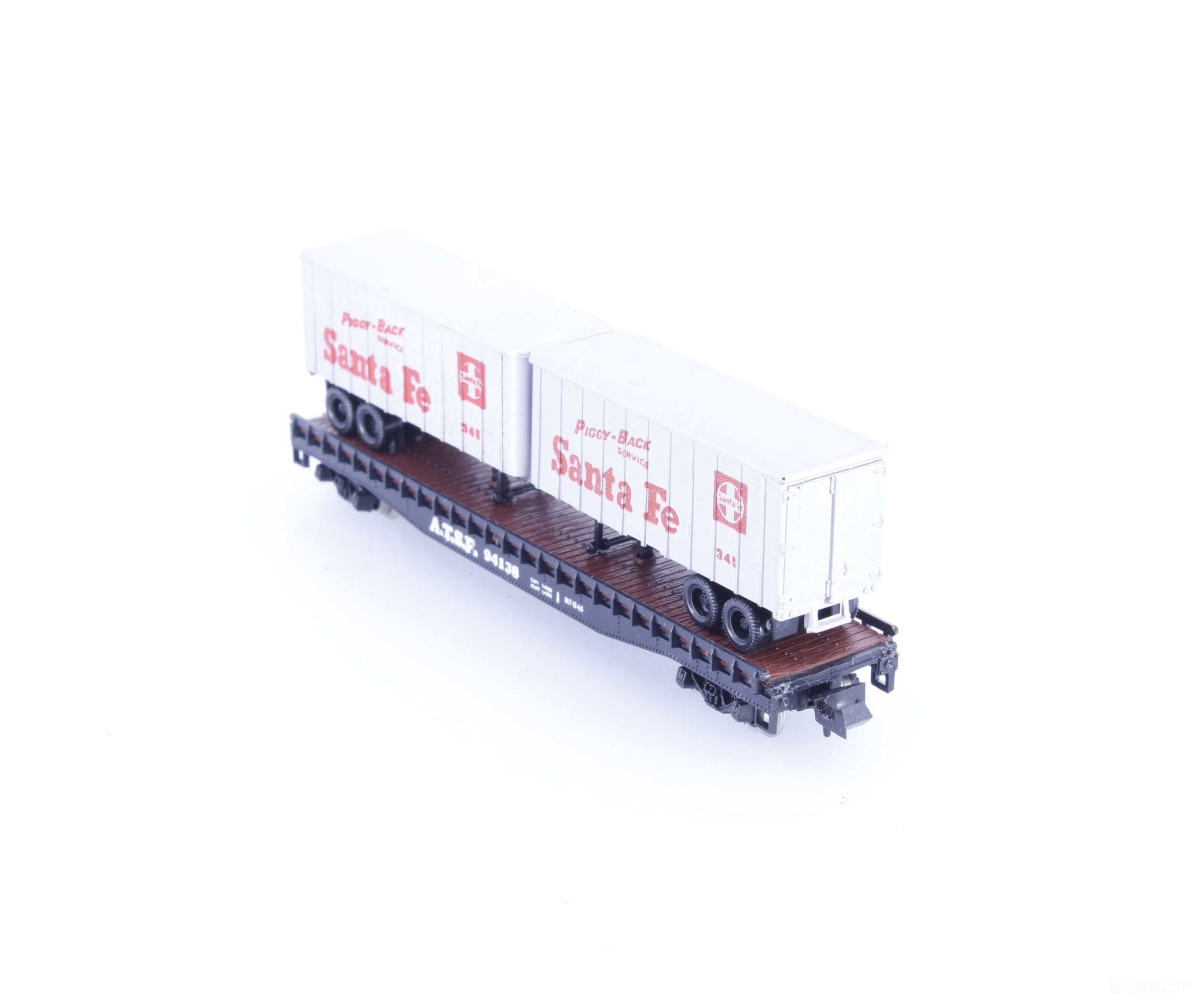 Minitrix 51314900 N Piggyback Flatcar with 2 Trailers Atchison Topeka and Santa Fe (ATSF) 94138 - Freight Cars