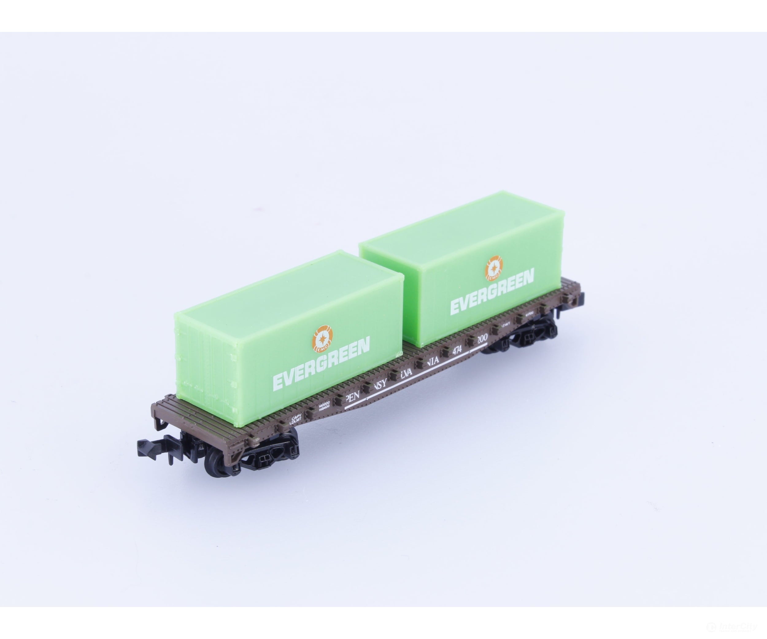 Model Power 4003 N 50’ Flat Car with 2 Evergreen Containers Pennsylvania (PRR) 474200 Freight Cars